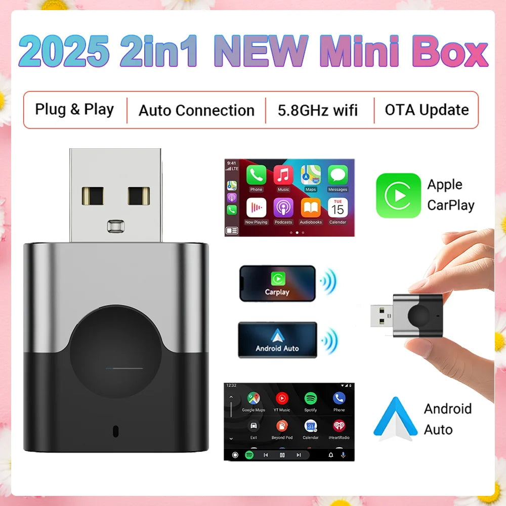 2025 NEW Wireless Carplay Adapter Android Auto 2In1 Smart Mini Box WIFI BT Auto Connect for Toyota Volvo Benz MG Kia MAZDA FORD