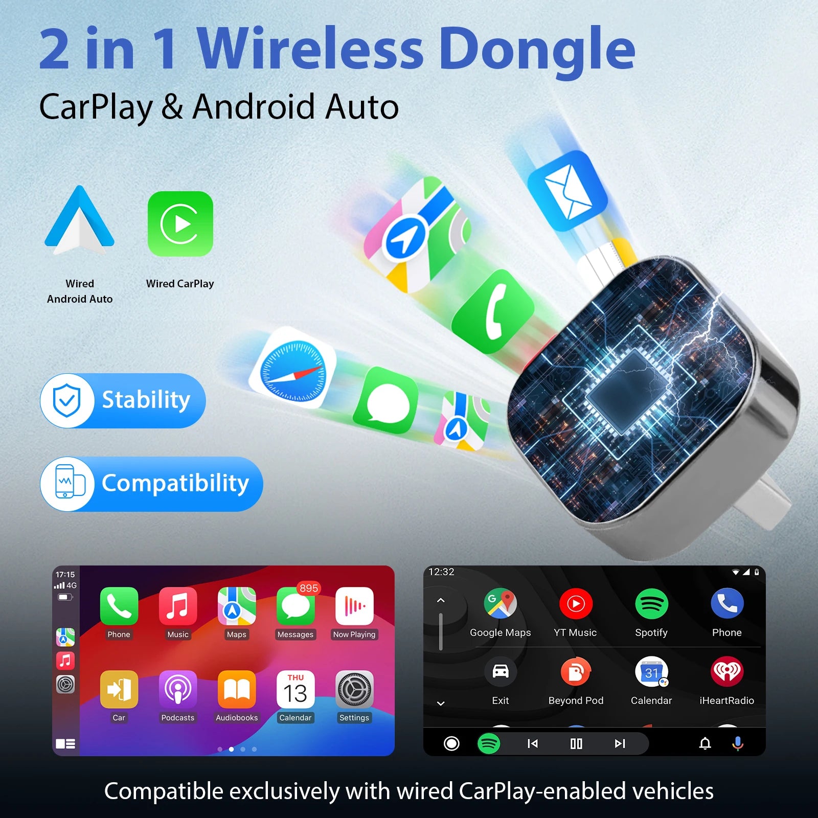 2026 Pionray Wireless CarPlay & Android Auto Adapter 2-in-1 – 5GHz WiFi, USB-C & USB, Plug & Play for Factory Wired Systems