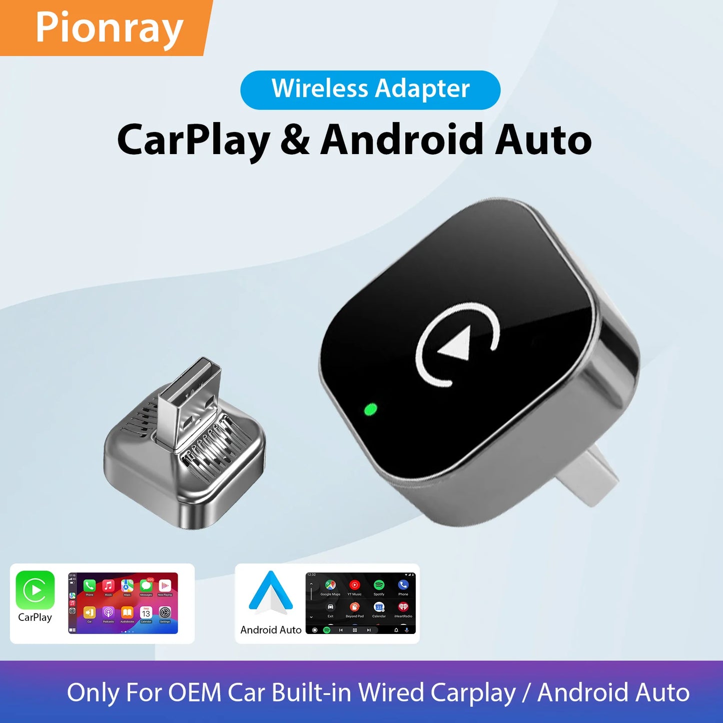 2026 Pionray Wireless CarPlay & Android Auto Adapter 2-in-1 – 5GHz WiFi, USB-C & USB, Plug & Play for Factory Wired Systems