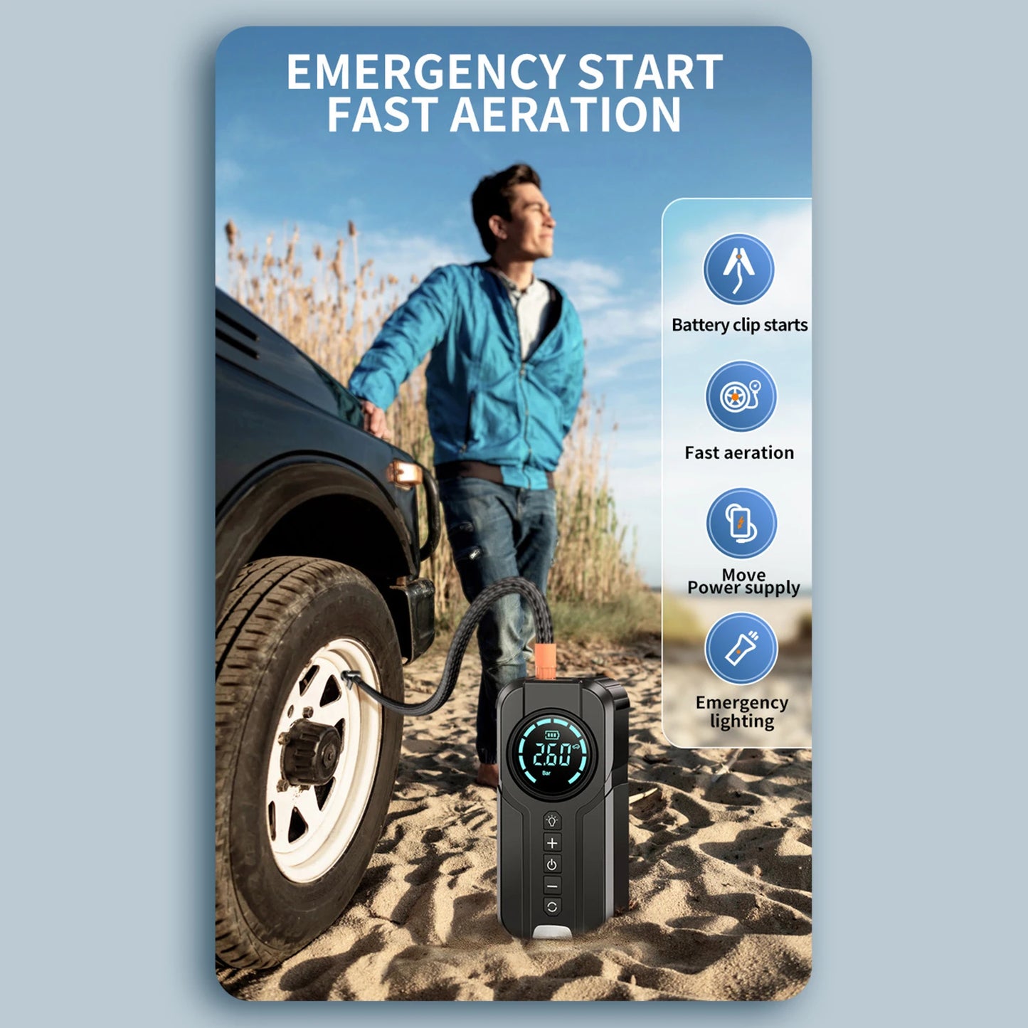 6000Mah 4-in-1 Car Jump Starter with Air Compressor, Power Bank & LED Flashlight – 1000A Peak Booster