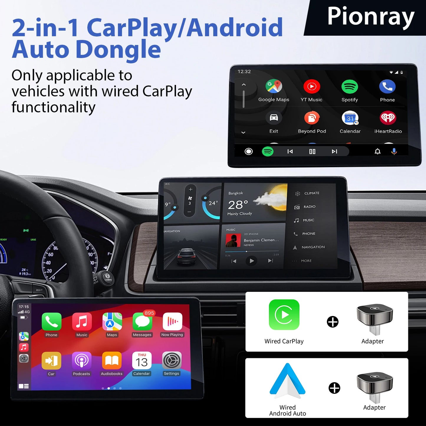 2026 Pionray Wireless CarPlay & Android Auto Adapter 2-in-1 – 5GHz WiFi, USB-C & USB, Plug & Play for Factory Wired Systems