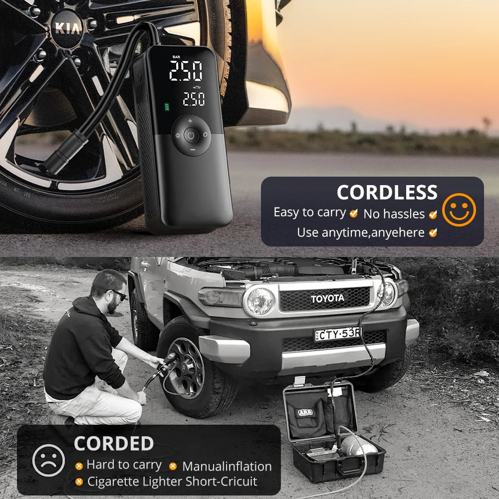 Cordless Digital Tire Compressor – Wireless Portable Air Pump for Car, Motorcycle, Bicycle and Balls